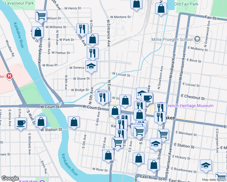 map of restaurants, bars, coffee shops, grocery stores, and more near 232 North Entrance Avenue in Kankakee