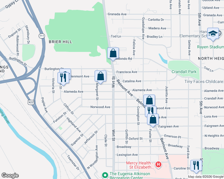 map of restaurants, bars, coffee shops, grocery stores, and more near 903 Alameda Avenue in Youngstown