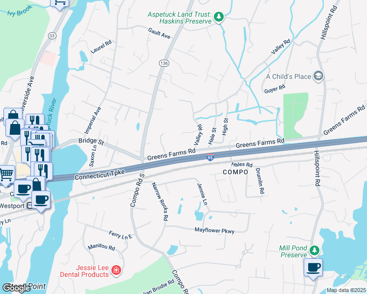map of restaurants, bars, coffee shops, grocery stores, and more near 15 Greens Farms Road in Westport