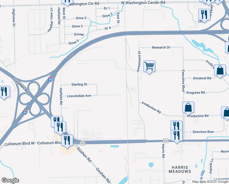 map of restaurants, bars, coffee shops, grocery stores, and more near 2598 Lincolndale Avenue in Fort Wayne