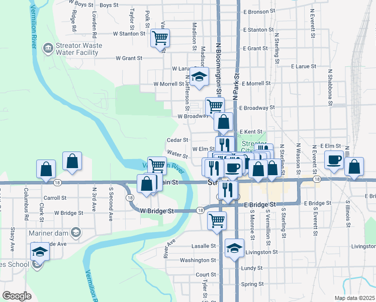 map of restaurants, bars, coffee shops, grocery stores, and more near 214 Sherman Street in Streator