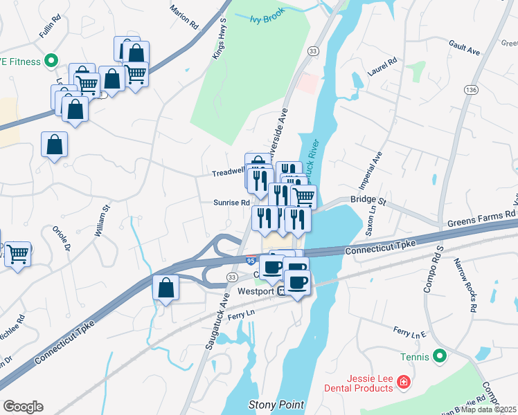 map of restaurants, bars, coffee shops, grocery stores, and more near 9 Franklin Street in Westport