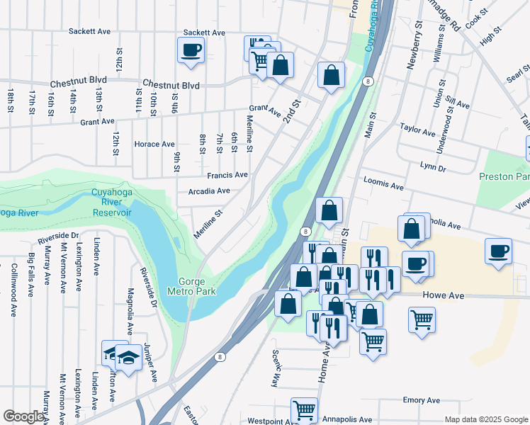map of restaurants, bars, coffee shops, grocery stores, and more near 1381 Forest Glen Drive in Cuyahoga Falls