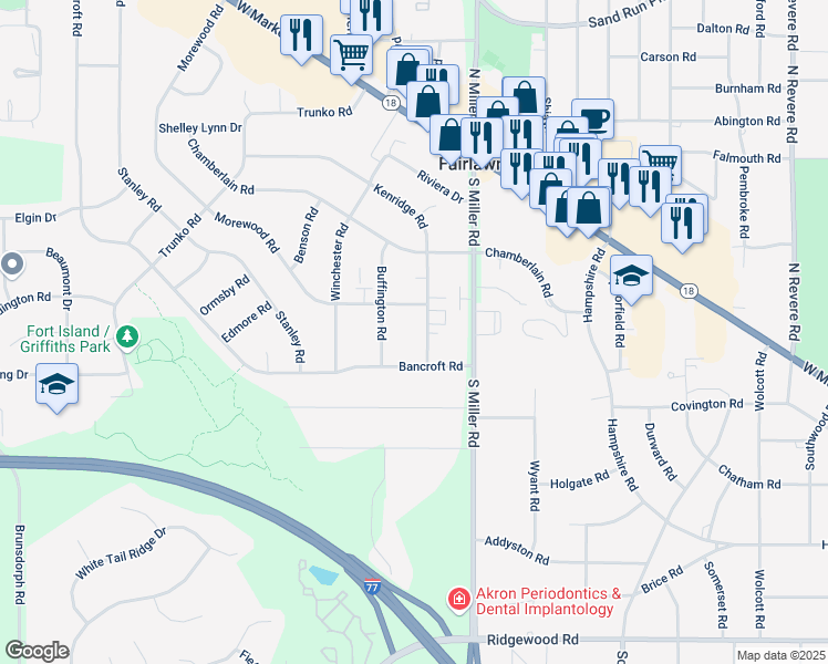 map of restaurants, bars, coffee shops, grocery stores, and more near 350 Kenridge Road in Fairlawn