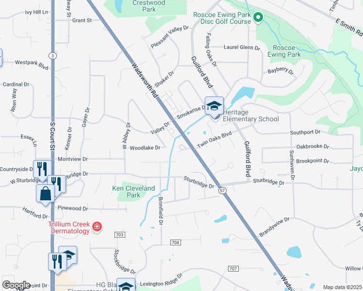 map of restaurants, bars, coffee shops, grocery stores, and more near 991 Wadsworth Road in Medina