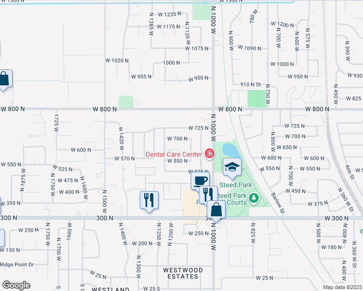 map of restaurants, bars, coffee shops, grocery stores, and more near 652 North 1250 West in Clearfield