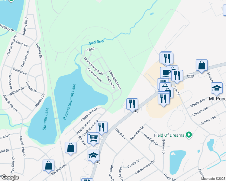 map of restaurants, bars, coffee shops, grocery stores, and more near 1185 Lexington Avenue in Pocono Summit