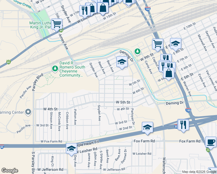 map of restaurants, bars, coffee shops, grocery stores, and more near 610 Bent Avenue in Cheyenne