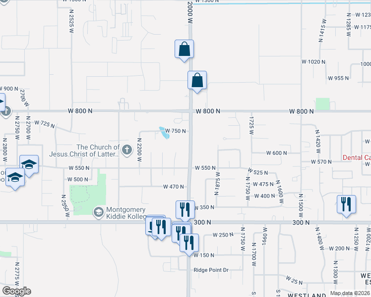 map of restaurants, bars, coffee shops, grocery stores, and more near 627 North 2000 West in West Point