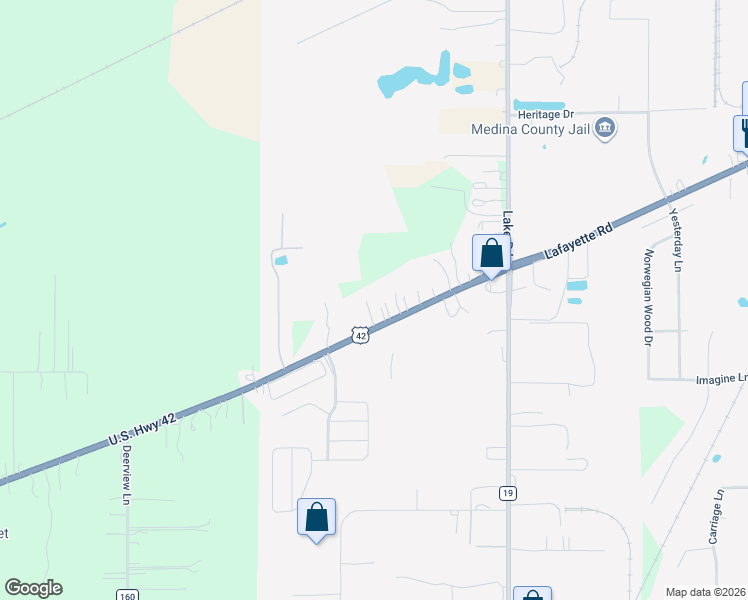 map of restaurants, bars, coffee shops, grocery stores, and more near 5574 Lafayette Road in Medina