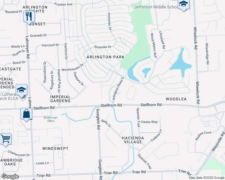 map of restaurants, bars, coffee shops, grocery stores, and more near 8302 Lamplighter Court in Fort Wayne
