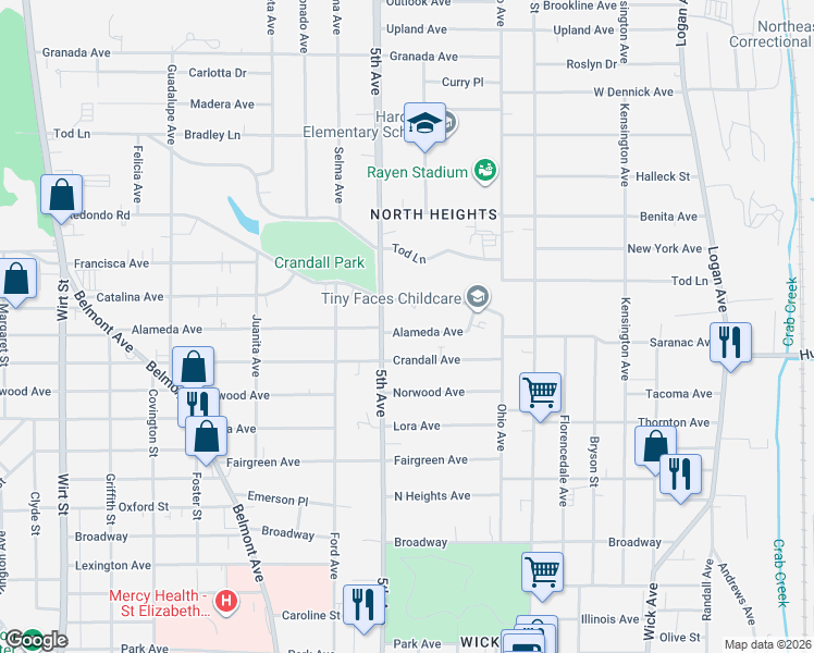 map of restaurants, bars, coffee shops, grocery stores, and more near 287 Alameda Avenue in Youngstown