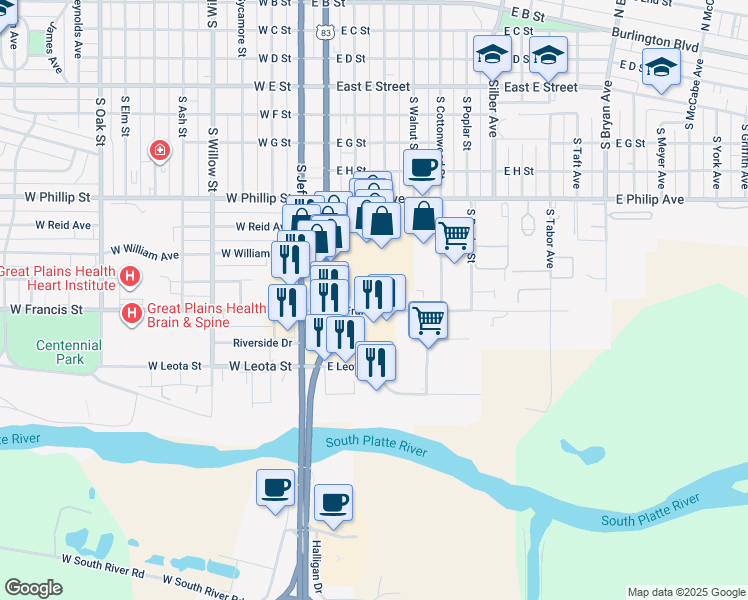 map of restaurants, bars, coffee shops, grocery stores, and more near 319 East Francis Street in North Platte