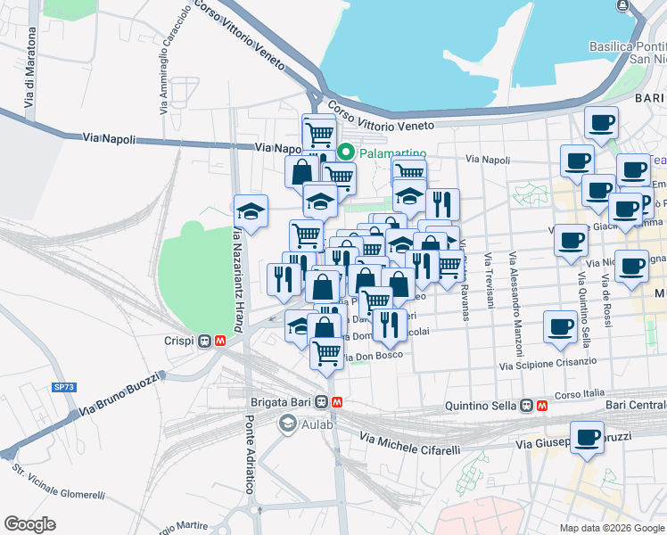 map of restaurants, bars, coffee shops, grocery stores, and more near 6 Via Tommaso Porcelli in Bari