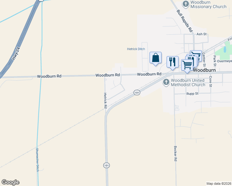 map of restaurants, bars, coffee shops, grocery stores, and more near 21404 Partridge Run in Woodburn