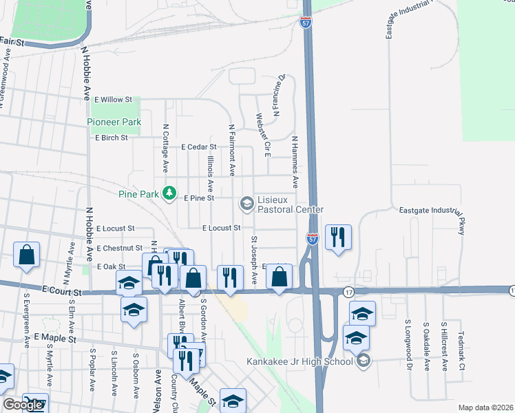 map of restaurants, bars, coffee shops, grocery stores, and more near 365 Saint Joseph Avenue in Kankakee
