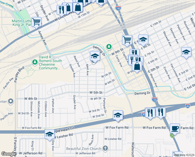 map of restaurants, bars, coffee shops, grocery stores, and more near 603 O Neil Avenue in Cheyenne