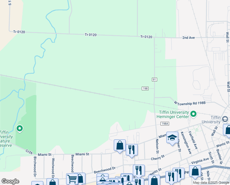 map of restaurants, bars, coffee shops, grocery stores, and more near 1658 Township Road 198 in Tiffin