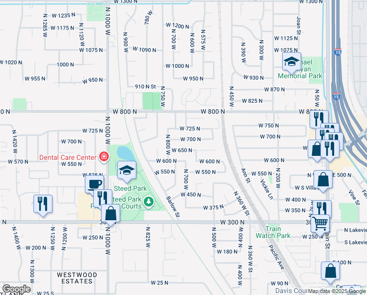 map of restaurants, bars, coffee shops, grocery stores, and more near 731 West 650 North in Clearfield