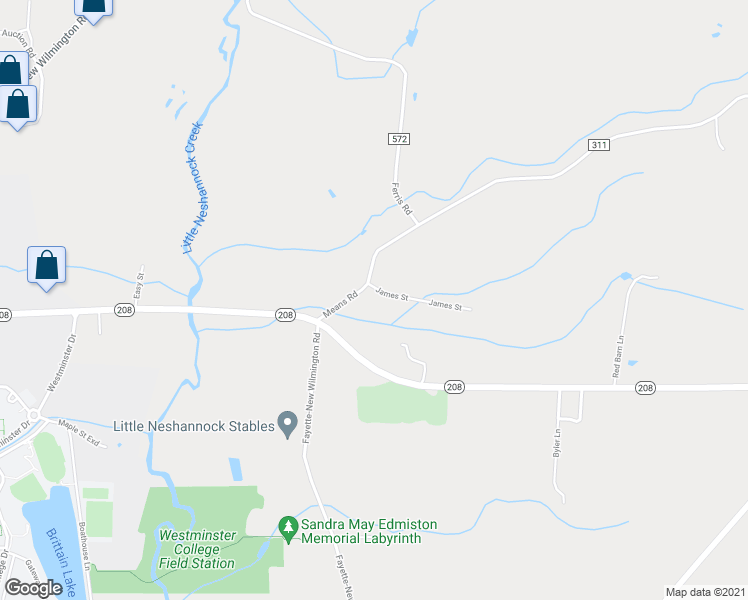 map of restaurants, bars, coffee shops, grocery stores, and more near 130 James Street in New Wilmington