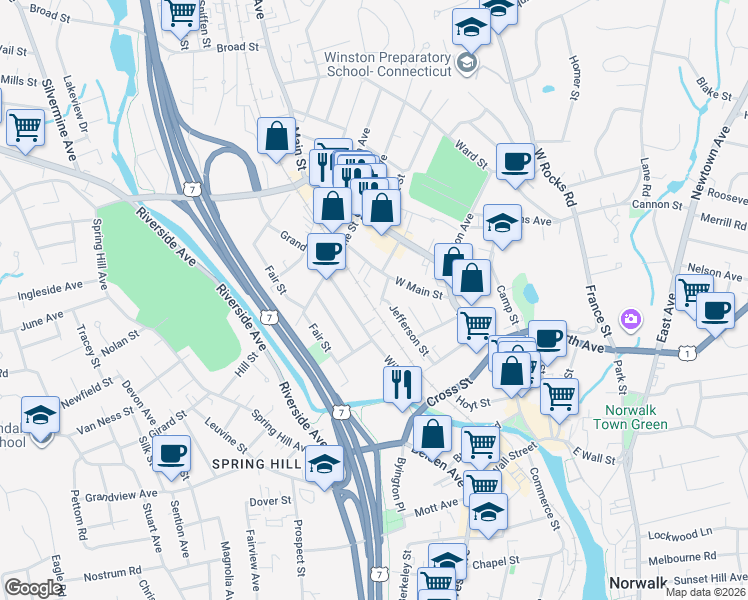 map of restaurants, bars, coffee shops, grocery stores, and more near 42 Wilton Avenue in Norwalk