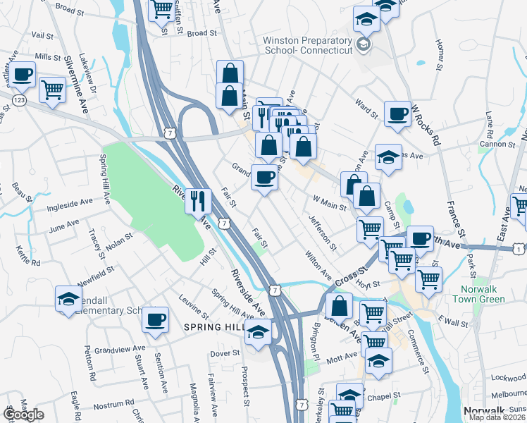 map of restaurants, bars, coffee shops, grocery stores, and more near 18 Lounsbury Avenue in Norwalk