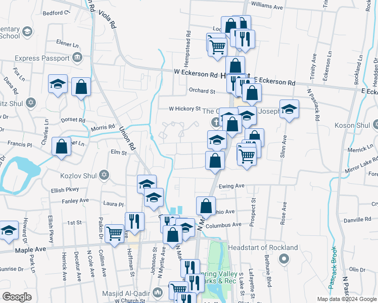map of restaurants, bars, coffee shops, grocery stores, and more near 253 Sneden Place West in Spring Valley