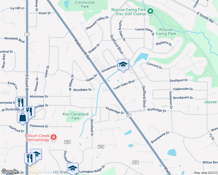 map of restaurants, bars, coffee shops, grocery stores, and more near 991 Wadsworth Road in Medina