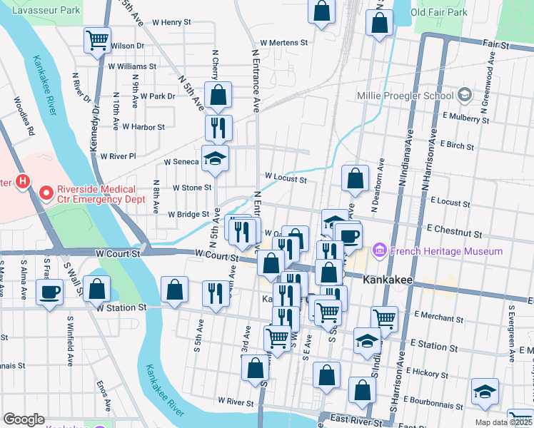 map of restaurants, bars, coffee shops, grocery stores, and more near 232 North Entrance Avenue in Kankakee