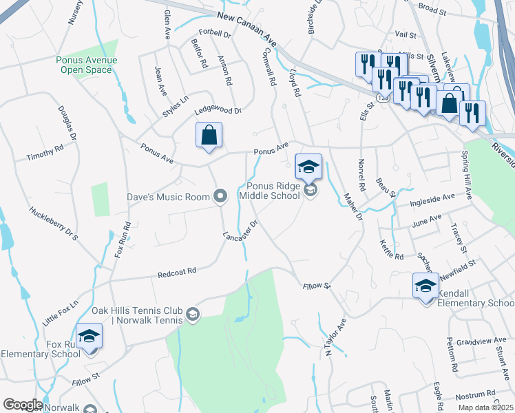 map of restaurants, bars, coffee shops, grocery stores, and more near 17 Hunters Lane in Norwalk