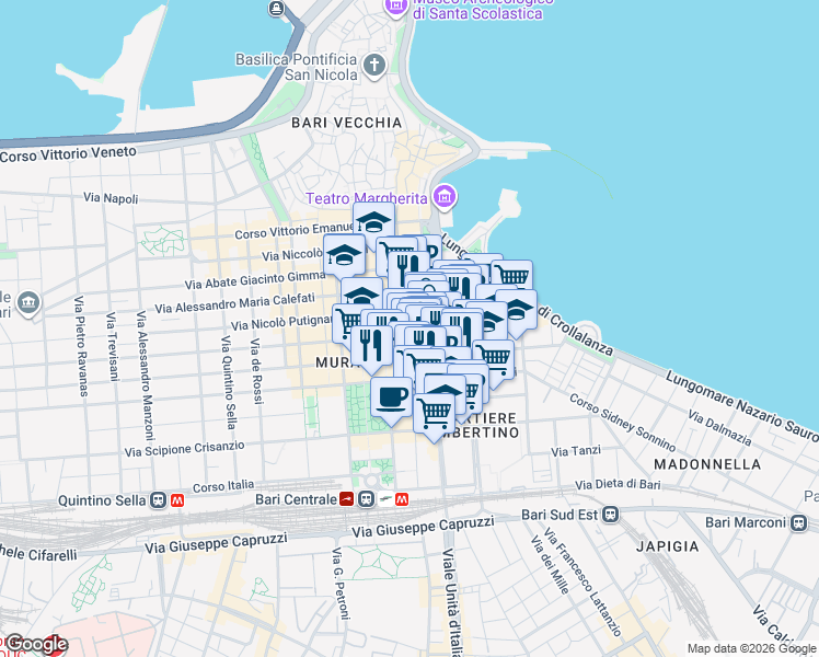 map of restaurants, bars, coffee shops, grocery stores, and more near 98 Via Melo da Bari in Bari
