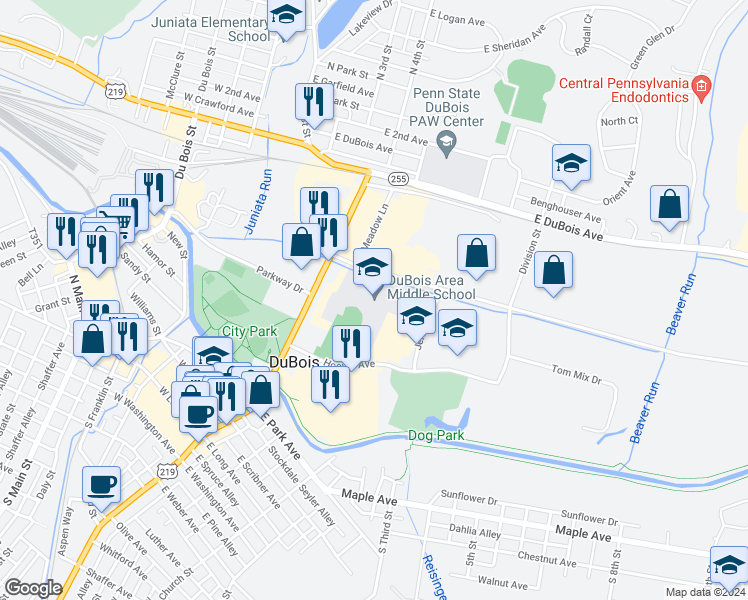 map of restaurants, bars, coffee shops, grocery stores, and more near 404 Liberty Boulevard in DuBois