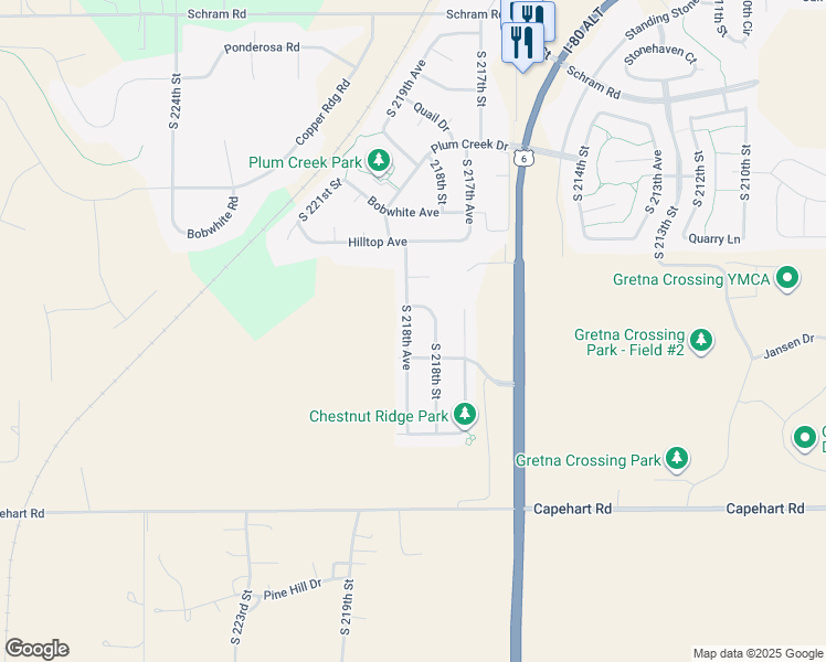 map of restaurants, bars, coffee shops, grocery stores, and more near 12419 South 218th Avenue in Gretna