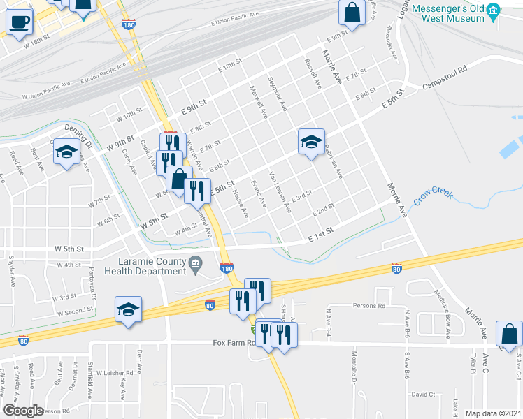 map of restaurants, bars, coffee shops, grocery stores, and more near 306 Evans Avenue in Cheyenne