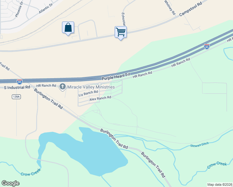 map of restaurants, bars, coffee shops, grocery stores, and more near Alex Ranch Road in Cheyenne