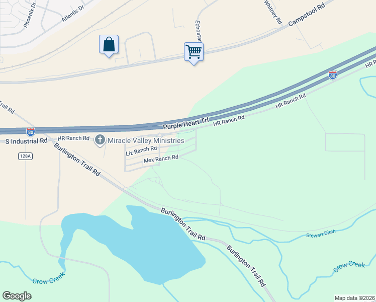 map of restaurants, bars, coffee shops, grocery stores, and more near Alex Ranch Road in Cheyenne