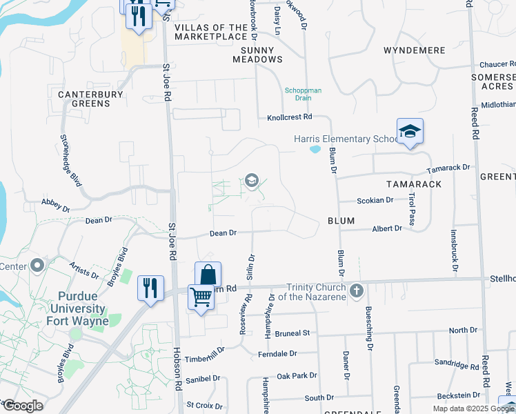 map of restaurants, bars, coffee shops, grocery stores, and more near 4810 Sirlin Drive in Fort Wayne