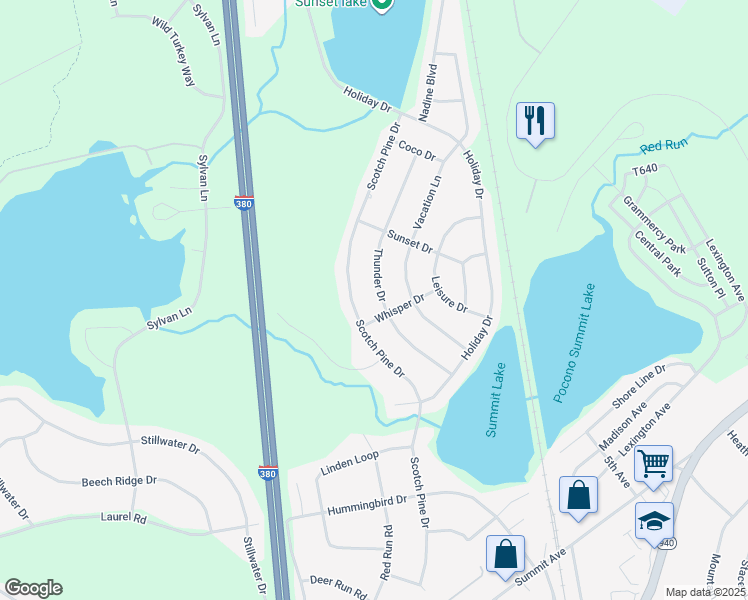 map of restaurants, bars, coffee shops, grocery stores, and more near 1139 Thunder Drive in Pocono Summit