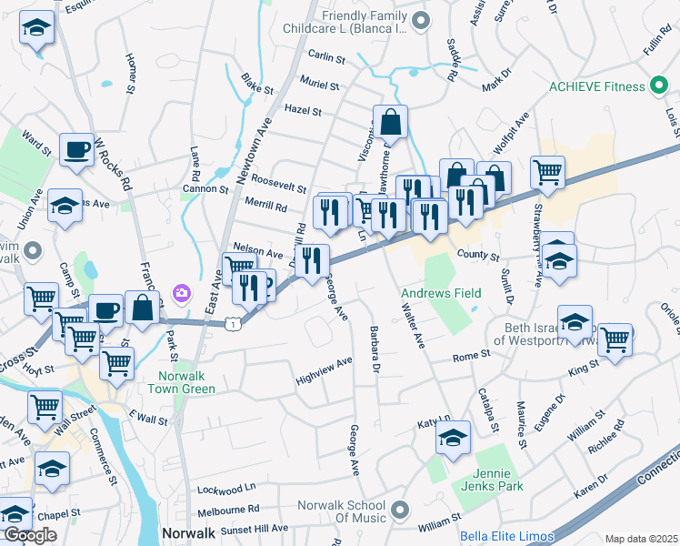 map of restaurants, bars, coffee shops, grocery stores, and more near 7 George Avenue in Norwalk