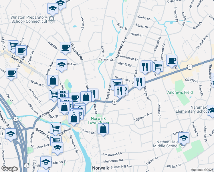 map of restaurants, bars, coffee shops, grocery stores, and more near 40 East Avenue in Norwalk