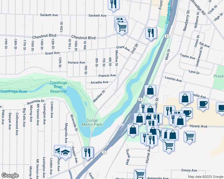 map of restaurants, bars, coffee shops, grocery stores, and more near 1360 Front Street in Cuyahoga Falls