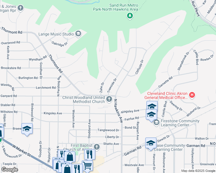 map of restaurants, bars, coffee shops, grocery stores, and more near 460 Treeside Drive in Akron