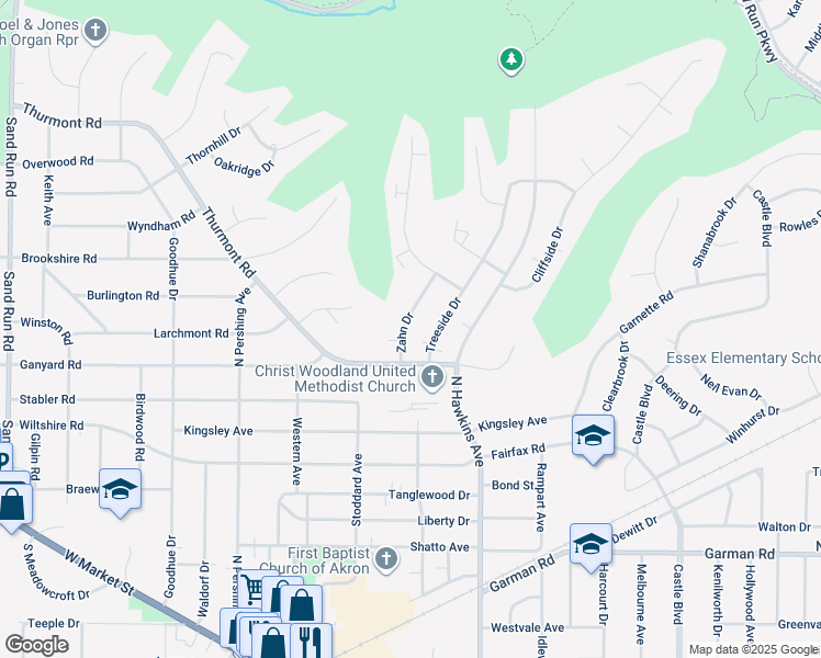 map of restaurants, bars, coffee shops, grocery stores, and more near 460 Treeside Drive in Akron
