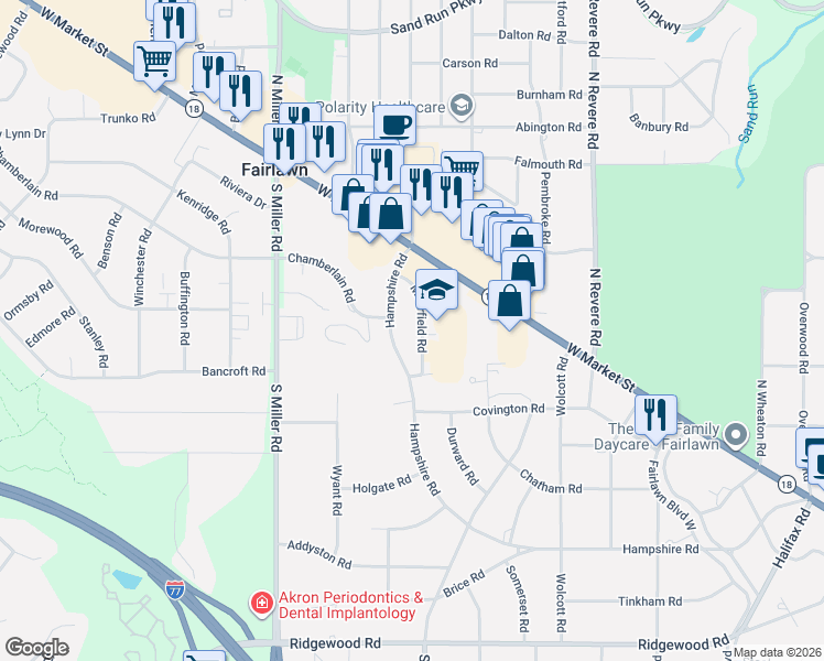 map of restaurants, bars, coffee shops, grocery stores, and more near 606 Moorfield Road in Akron