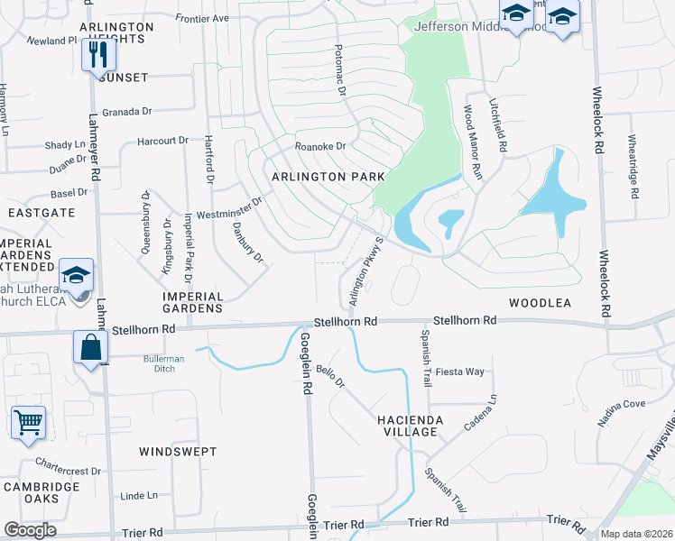 map of restaurants, bars, coffee shops, grocery stores, and more near 4434 Redstone Court in Fort Wayne