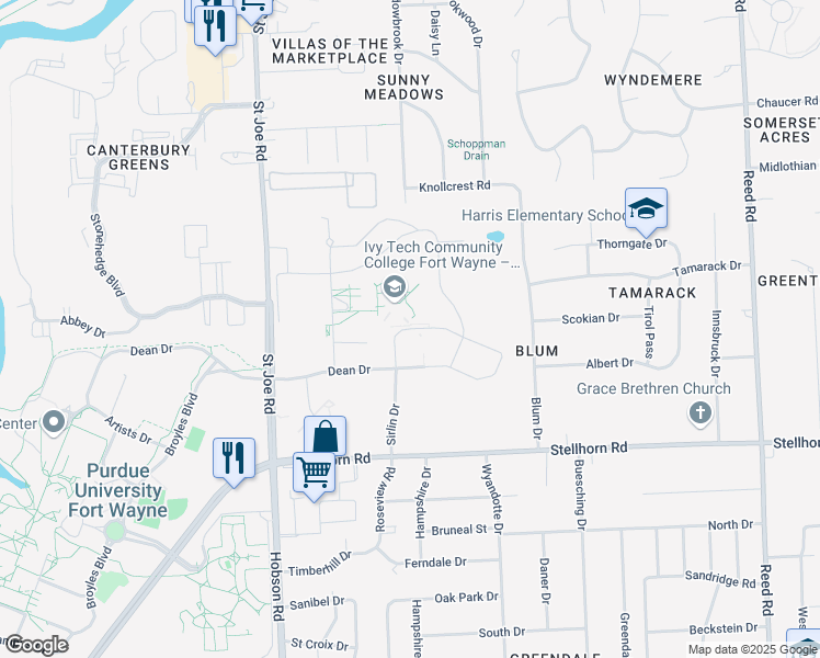 map of restaurants, bars, coffee shops, grocery stores, and more near 4810 Sirlin Drive in Fort Wayne