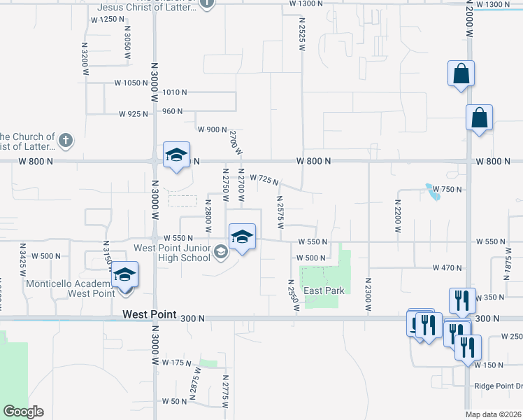 map of restaurants, bars, coffee shops, grocery stores, and more near 2625 West 650 North in West Point