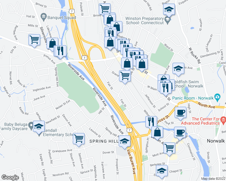 map of restaurants, bars, coffee shops, grocery stores, and more near 43 Fair Street in Norwalk