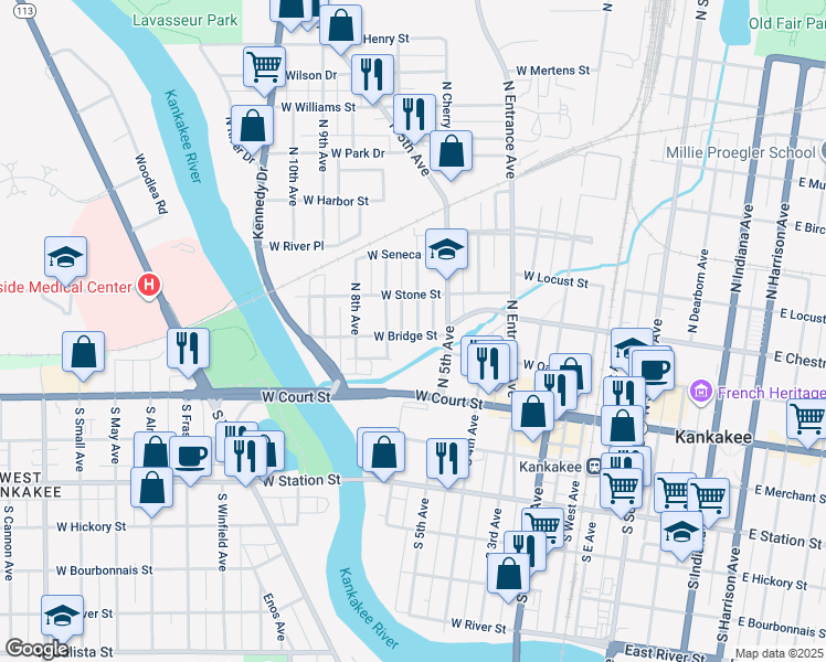 map of restaurants, bars, coffee shops, grocery stores, and more near 215 North 6th Avenue in Kankakee