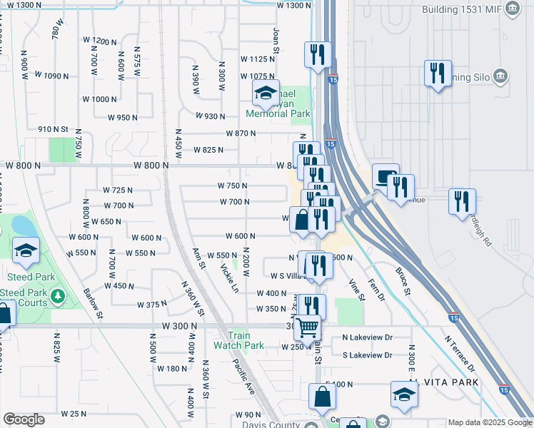 map of restaurants, bars, coffee shops, grocery stores, and more near 143 West 650 North in Clearfield